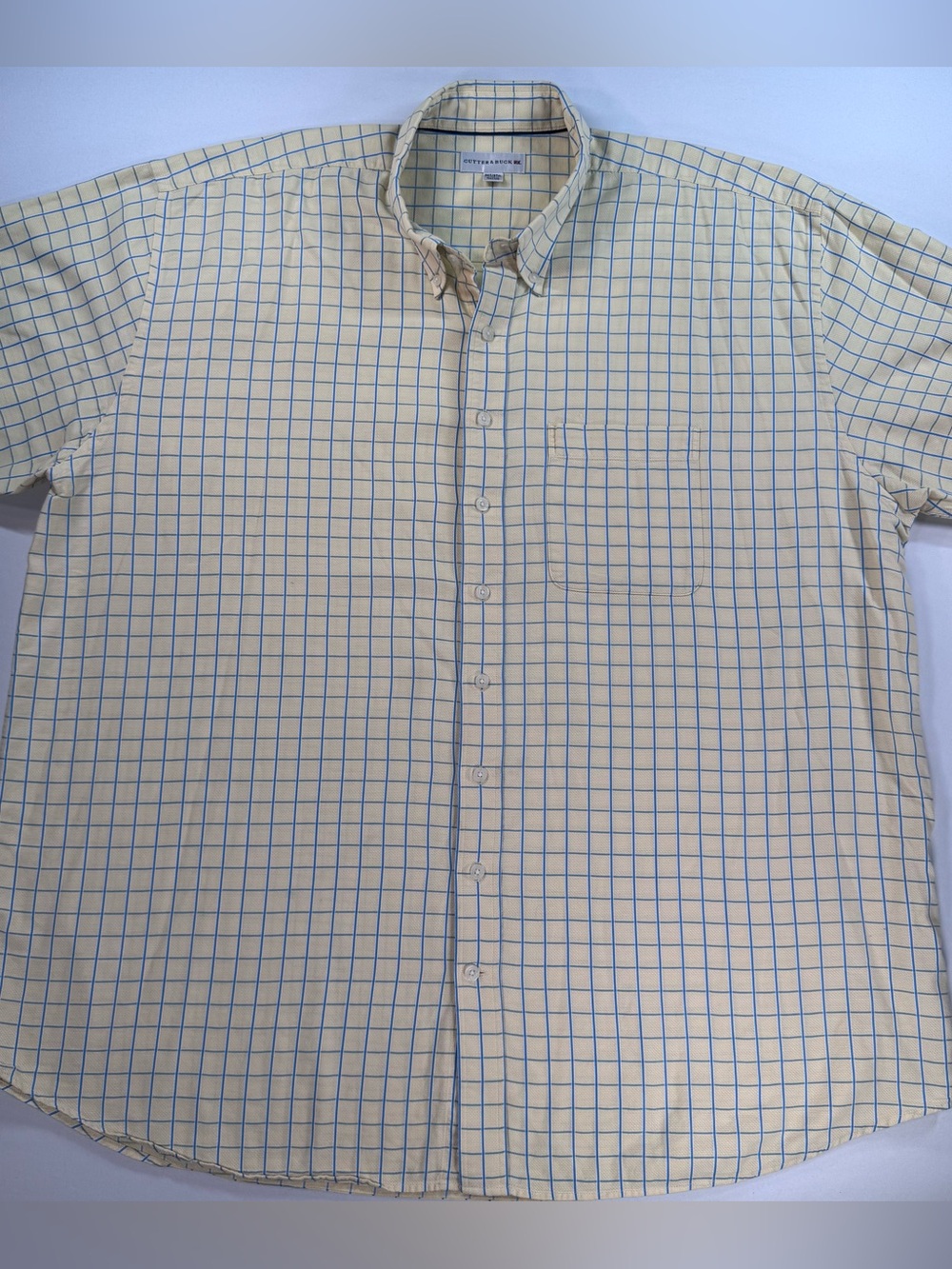 CUTTER & BUCK Men's Short Sleeve Button Up Shirt, Yellow/Blue Plaid, Size 3XT